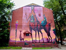 Иркутский художник Степан Шоболов не смог смириться с тусклой глухой стеной здания консультативого приёма  по паразитологии (ул. Горького, 24). Теперь она пурпурно-розовая.