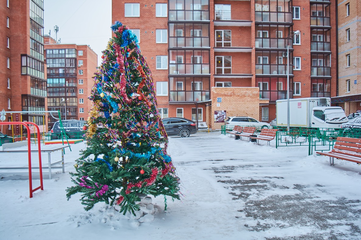 Вот такую красавицу нарядили во дворе домов №№ 12/2, 12/3 и 12/5 по Юрия Тена.
