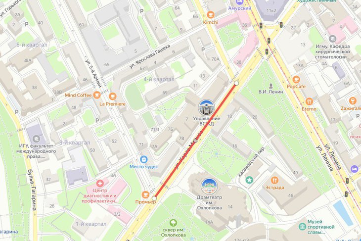 Место перекрытия дороги. Скриншот с сервиса «Яндекс. Конструктор карт»